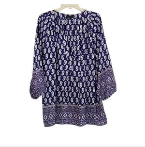 Willi Smith Navy and White Patterened Top V Neck 3/4 Sleeves 1X